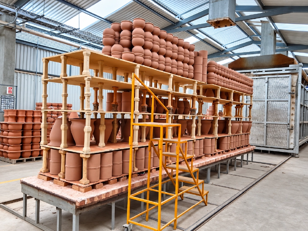 Horno cerámico industrial T-Temp con estanterías cargadas de piezas de cerámica listas para cocción.